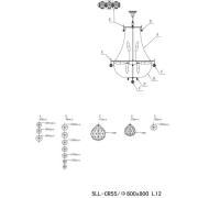 Kroonluchter CR55, 12-lamps, met glasbehang