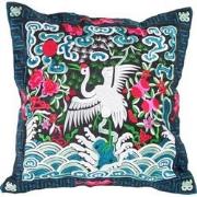 Fine Asianliving Kussenhoes Volledig Geborduurd Blauw Zwart Kraanvogel