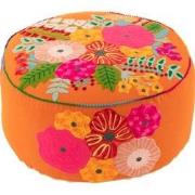 J-line - Poef Rond Bloemen Geborduurd Katoen/polyester Oranje - 50x50x...