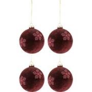 J-line - Doos Van 4 Kerstballen Bloemen Fluweel Glas Burgundy Medium -...