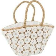 J-line - Strandtas Kant Bloem Patroon Jute Naturel/wit - 54x24x30cm