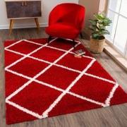 Tapijtenloods Madrid Shaggy Geruit Vloerkleed Rood Creme Hoogpolig- 20...