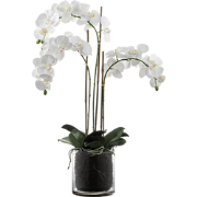 Kunstmatig orchideeën arrangement met transparante witte vaas H90