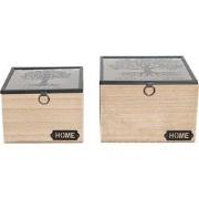 Clayre & Eef Opbergdoosje Set van 2  18x18x12 cm Bruin Hout Glas Vierk...