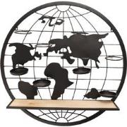 Clayre & Eef Wandrek  Ø 70x14 cm Bruin Hout Ijzer Rond Wereldkaart Muu...