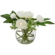 J-Line - Ranonkel Pioen In Vaas Bol Plastiek Glas Wit - 26.5x26.5x28cm