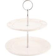 Clayre & Eef Etagère 2 laags  23 cm Beige Keramiek Rond Roosjes Taartp...