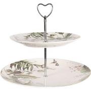 Clayre & Eef Etagère 2 laags  Ø 26x24 cm Wit Groen Porselein Rond Voge...