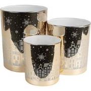 Clayre & Eef Theelichthouder Set van 3 Goudkleurig Glas Huizen Waxinel...