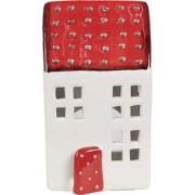 Clayre & Eef Theelichthouder Huis 8x8x15 cm Wit Rood Kunststof Waxinel...