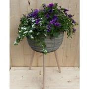 Rieten plantenbak grijs op poten met zomerbloeiers paars/blauw h55 cm