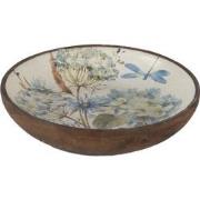 Clayre & Eef Serveerschaal  Ø 20x4 cm Wit Blauw Hout Rond Bloemen Pres...