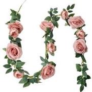 Clayre & Eef Kunstbloem Guirlande 150 cm Roze Groen Kunststof Rozen