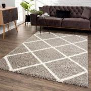 Hoogpolig Grijs Vloerkleed – Madrid Ruit Shaggy Tapijt – Fluffy & Luxe...