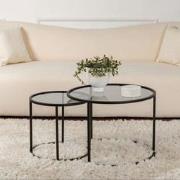 Salontafelset van 2 Rond Glas - Zwart Frame - 60, 42 cm
