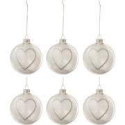 J-Line - Doos Van 6 Kerstballen Hart Strass Zilver Pluim Wit Glas Klaa...