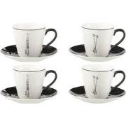 J-Line - Doos 4 Thetassen + Schotels Cadeaudoos Keramiek Zwart/wit Lar...