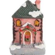 Clayre & Eef Decoratie Huis met LED 4x5x6 cm Roze Kunstleer Metaal