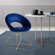 Eetkamerstoel met ronde open rugleuning in blauw fluweel met goudkleur...