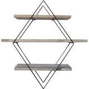 Wandplank in ruitvorm van zwart metaal en massief hout L60 cm