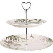 Clayre & Eef Etagère 2 laags Ø 26x24 cm Wit Groen Porselein Vogels