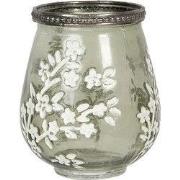 Clayre & Eef Theelichthouder Ø 9x11 cm Groen Wit Glas Bloemen