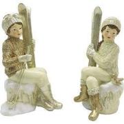 Clayre & Eef Beeld Set van 2 Kinderen 18 cm Beige Goudkleurig Kunststo...
