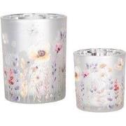 Clayre & Eef Theelichthouder Set van 2 Ø 7x8 / 10x13 cm Grijs Glas Blo...