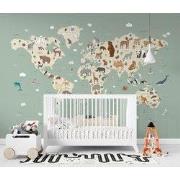 Wereldkaart met dieren - Kinderbehang - 389,6 cm x 280 cm - Walloha