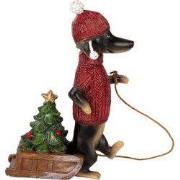 Clayre & Eef Kerstdecoratie Beeld Hond Teckel 8x4x13 cm Bruin Rood Kun...