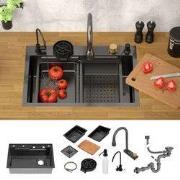 Inbouwspoelbak met kraan complete set 8-delig antraciet 68x46 cm van r...