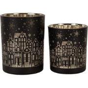 Clayre & Eef Theelichthouder Set van 2 Ø 9x10 / Ø 10x12 cm Zwart Glas ...