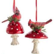 Res Cardinal On Mushroom Ornament 4,5 inch