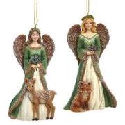 Groene engel met hert/vos 2A 13 cm ornament