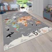 Kindervloerkleed - Binola - Wereldkaart - Grijs - 200x290 cm