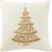 J-Line - Kussen Kerstboom Franjes+pompoms Katoen Wit/goud - 45x45x12cm