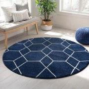 Trellis Uni Rond Effen Laagpolig Vloerkleed Modern Donkerblauw Navy- 2...