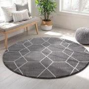 Trellis Uni Rond Effen Laagpolig Vloerkleed Modern Grijs- 120 CM ROND